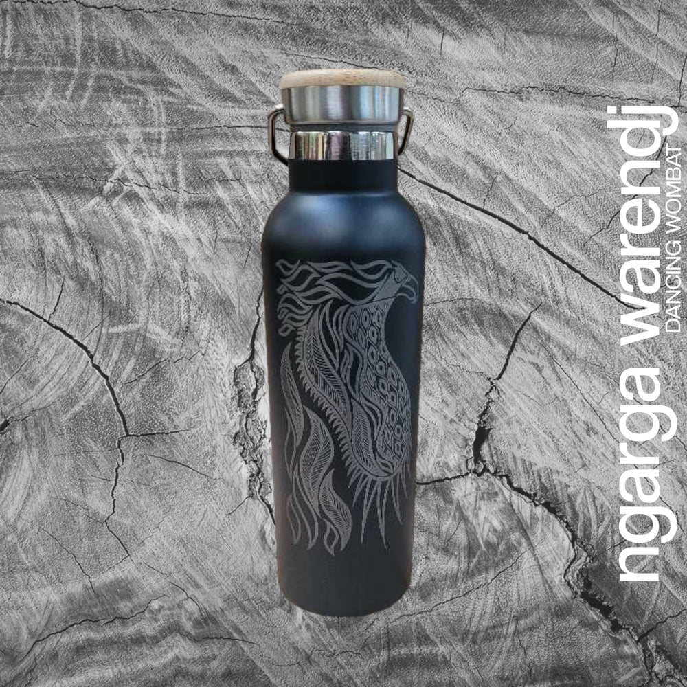 Ngarga Warendj Stainless Steel Bottle with Bamboo lid with Bunjil the Wedge Tailed Eagle Design